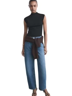 Jean en coton bleu indigo légèrement délavé à coupe barrel et taille haute