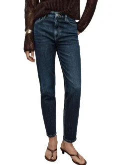 Jean en coton bleu indigo légèrement délavé à coupe mom et taille haute