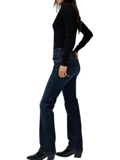 Jean en coton bleu indigo uni à coupe bootcut fermé par deux boutons