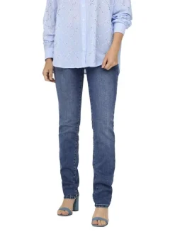 Jean en coton bleu légèrement délavé avec une coupe slim et une taille-haute