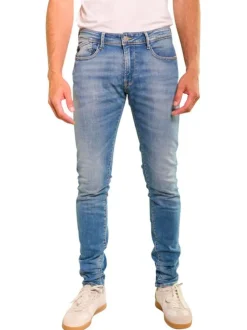 Jean en coton bleu stone délavé aux cuisses avec une coupe skinny