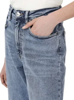 Jean en coton bleu stone délavé avec une coupe bootcut et une taille haute