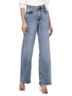 Jean en coton bleu stone délavé avec une coupe bootcut et une taille haute