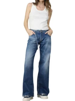 Jean en coton bleu stone uni avec une coupe large et une ceinture à la taille