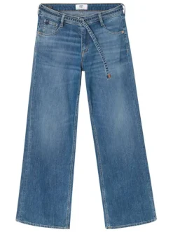 Jean en coton bleu stone uni avec une coupe large et une ceinture à la taille