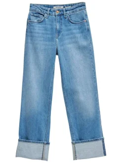 Jean en coton bleu stone uni à coupe droite avec des ourlets larges