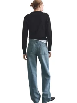 Jean en coton bleu stone uni à coupe droite avec une taille haute