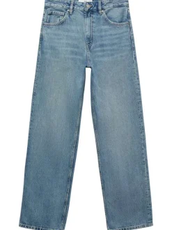 Jean en coton bleu stone uni à coupe droite avec une taille haute