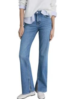 Jean en coton bleu uni avec une coupe droite et des passants pour ceinture