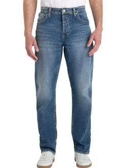 Jean en coton bleu uni avec une coupe droite et un zip de fermeture