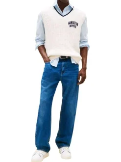 Jean en coton bleu uni avec une coupe droite à zip et à bouton