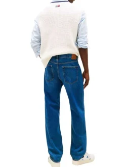 Jean en coton bleu uni avec une coupe droite à zip et à bouton