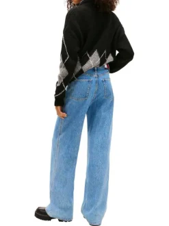 Jean en coton bleu uni avec une coupe wide leg à zip et à bouton