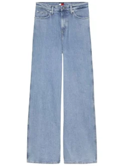 Jean en coton bleu uni avec une coupe wide leg à zip et à bouton