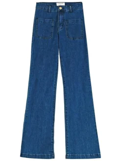 Jean en coton bleu uni à coupe bootcut avec jacron camel et 2 poches