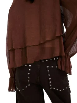 Jean en coton chocolat uni avec une coupe flare à zip et à bouton