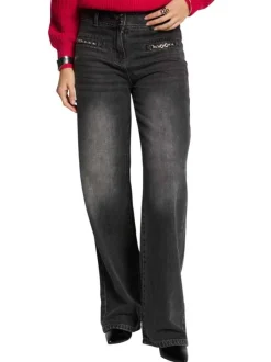 Jean en coton gris délavé à coupe large avec 2 chaînes et 2 poches