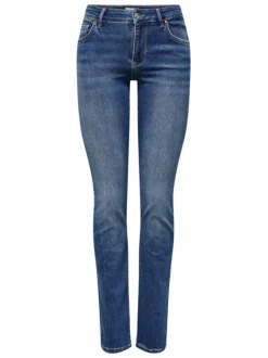 Jean en coton indigo délavé avec une coupe slim et des surpiqûres beiges