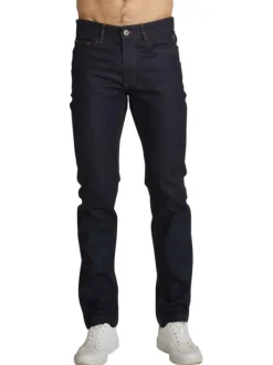 Jean en coton indigo uni avec une coupe ajustée et des surpiqûres camel