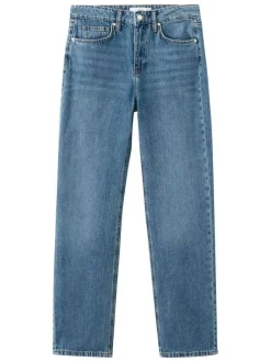 Jean en coton indigo uni avec une coupe droite et des poches plaquées à l'avant