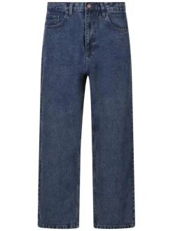 Jean en coton indigo uni avec une coupe droite et un patch de la marque