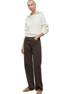 Jean en coton marron uni 5 poches à coupe droite et taille mi-haute