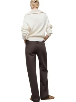 Jean en coton marron uni 5 poches à coupe droite et taille mi-haute