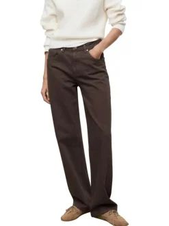Jean en coton marron uni 5 poches à coupe droite et taille mi-haute