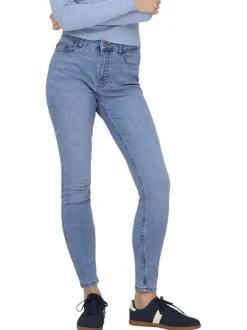 Jean en coton mélangé bleu clair coupe slim pourvu de passants pour la ceinture
