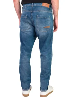 Jean en coton mélangé bleu à coupe droite pourvu d'une fermeture boutonnée
