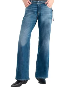 Jean en coton mélangé bleu coupe wide leg pourvu d'un ruban en jean
