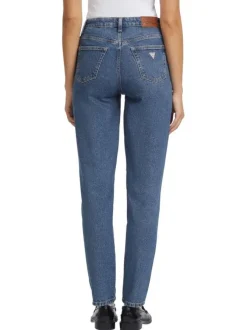 Jean en coton mélangé bleu délavé avec une coupe mom et une taille haute