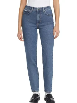 Jean en coton mélangé bleu délavé avec une coupe mom et une taille haute