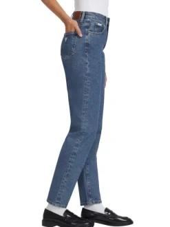 Jean en coton mélangé bleu délavé avec une coupe mom et une taille haute