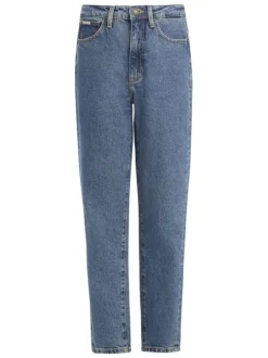 Jean en coton mélangé bleu délavé avec une coupe mom et une taille haute
