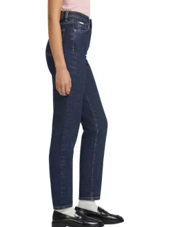 Jean en coton mélangé bleu indigo uni avec une coupe mom et une taille haute