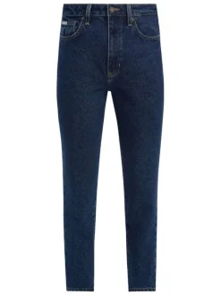 Jean en coton mélangé bleu indigo uni avec une coupe mom et une taille haute