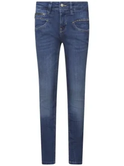 Jean en coton mélangé bleu indigo uni à coupe slim avec des petits clous