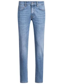Jean en coton mélangé bleu légèrement délavé à coupe regular fit