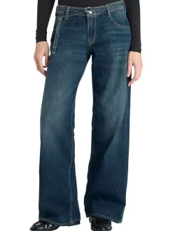 Jean en coton mélangé bleu uni avec une coupe bootcut et une ceinture