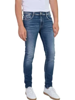 Jean en coton mélangé bleu uni avec une coupe droite et des passants