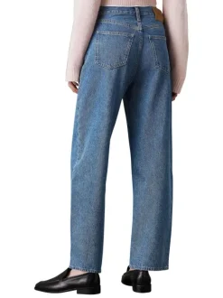 Jean en coton mélangé bleu uni avec une coupe droite et une taille haute