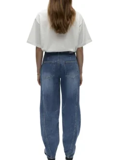 Jean en coton mélangé bleu uni pourvu d'une coupe bootcut et de multiples poches