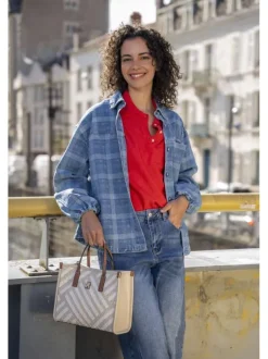 Jean en coton mélangé bleu uni pourvu d'une coupe bootcut et de multiples poches