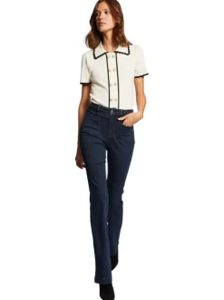 Jean en coton mélangé brut uni à coupe bootcut et nattes denim à la taille