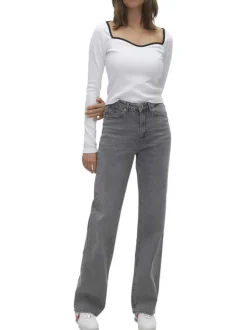 Jean en coton mélangé gris avec une coupe bootcut et des passants pour ceinture