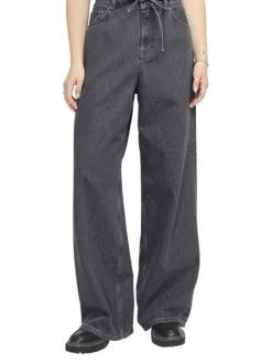 Jean en coton mélangé gris uni bootcut avec lien à la taille et poches plaquées