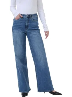 Jean en coton mélangé indigo avec une coupe droite et une taille haute