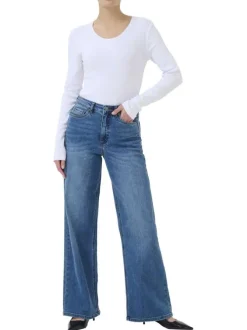 Jean en coton mélangé indigo avec une coupe droite et une taille haute