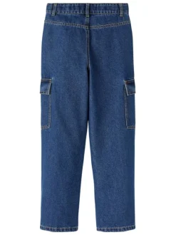 Jean en coton mélangé indigo uni avec une coupe cargo et des poches